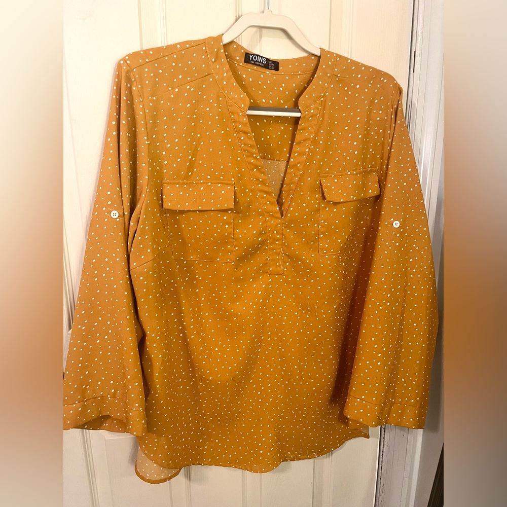 YOINS Mustard Yellow Blouse with White Polka Dots